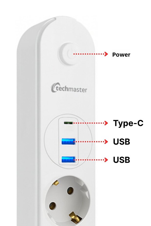 2 منفذ USB + منفذ Type-C، مقبس كهربائي رباعي مع حماية من التيار وحماية للأطفال، 2 متر، أبيض - 3