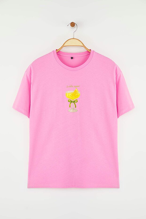 Pembe %100 Pamuk Oversize/Geniş Kalıp Coctail Baskılı Örme T-Shirt TWOSS25TS00202 - 5