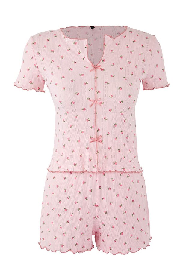 Pembe %100 Pamuklu Çiçekli Kurdele/Fiyonklu Fitilli Şortlu Örme Pijama Takımı THMSS25PT00434 - 5