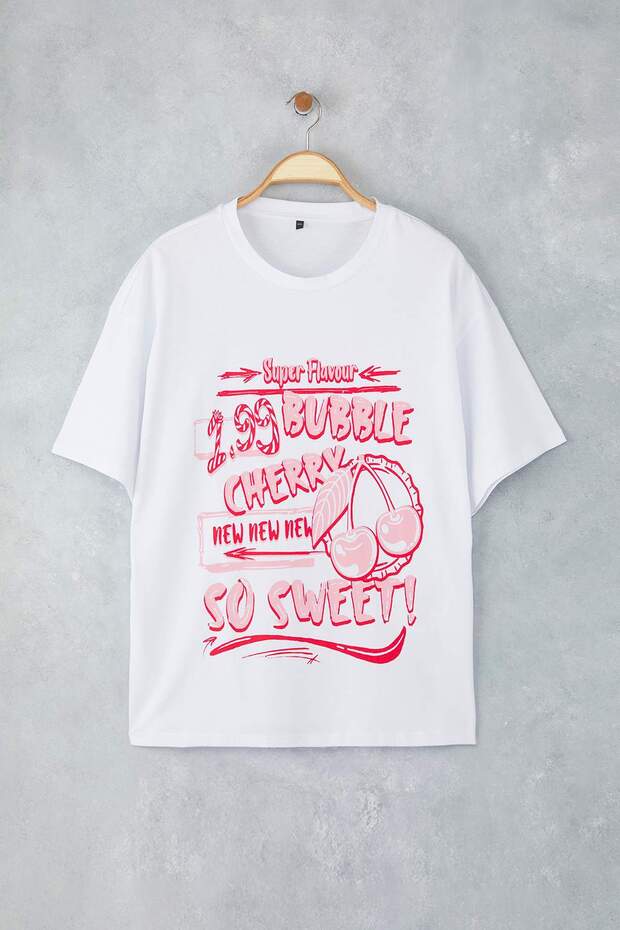 Beyaz %100 Süprem Baskılı Oversize/Rahat Kesim Örme Büyük Beden T-Shirt TBBSS25BF00082 - 5