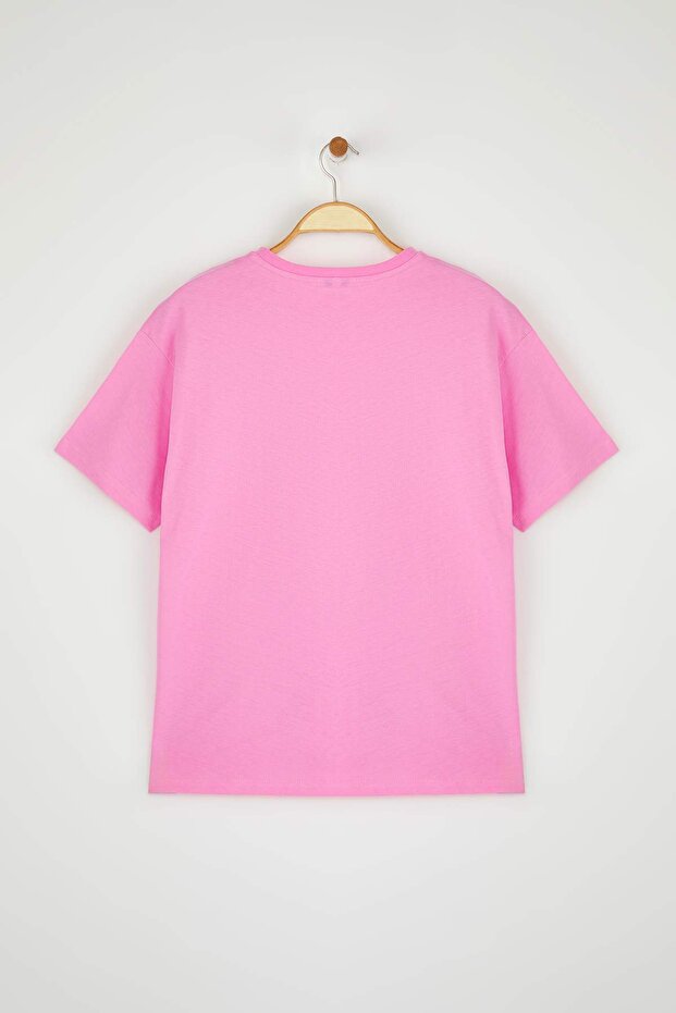 Pembe %100 Pamuk Oversize/Geniş Kalıp Coctail Baskılı Örme T-Shirt TWOSS25TS00202 - 7