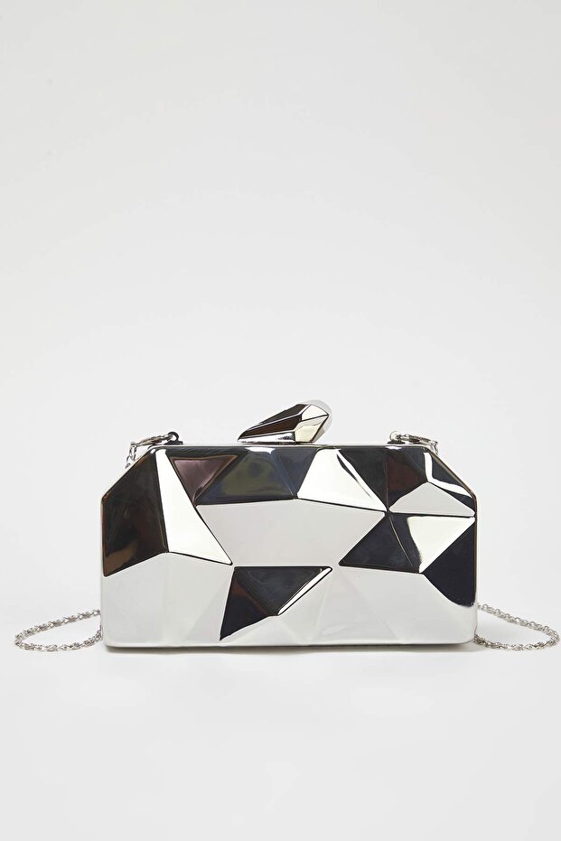 Metalik Gümüş Üç Boyutlu Abiye Kadın Şık Mini Boy Clutch El Çantası TAKSS25OC00064 - 2