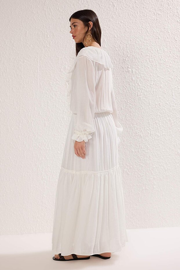 Ekru Beli Lastikli Fırfırlı Boho Maxi Dokuma Elbise TWOSS25EL00864 - 4