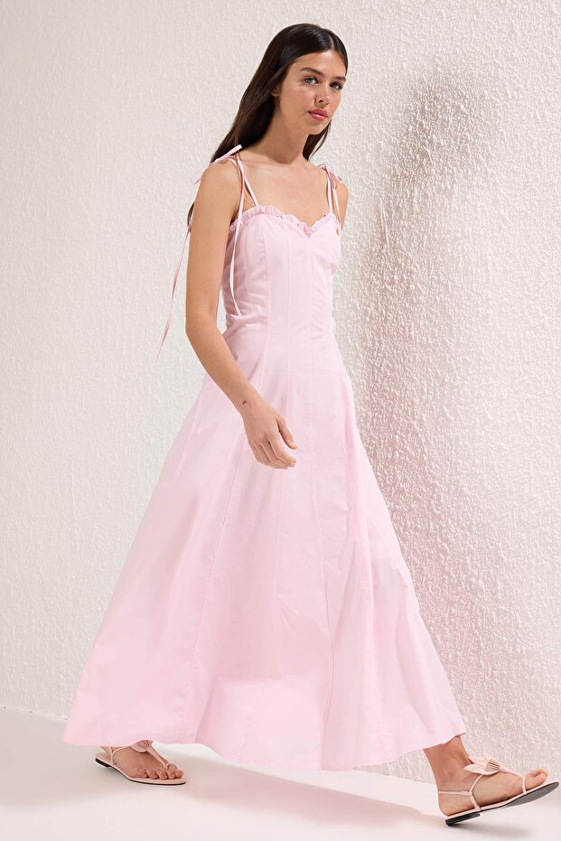 Pembe Belden Açılan Dokuma Maxi Elbise TWOSS25EL00870 - 1