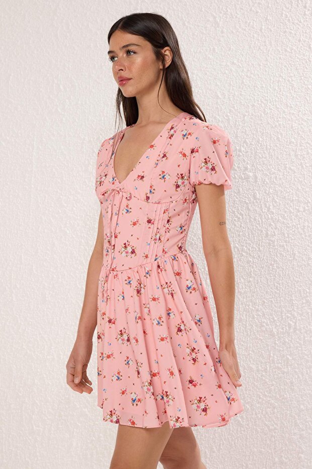 Pembe Çiçekli Mini Dokuma Elbise TWOSS25EL00789 - 1