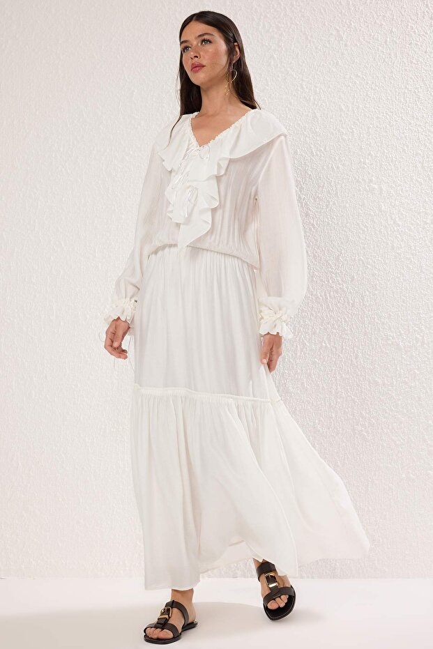 Ekru Beli Lastikli Fırfırlı Boho Maxi Dokuma Elbise TWOSS25EL00864 - 2