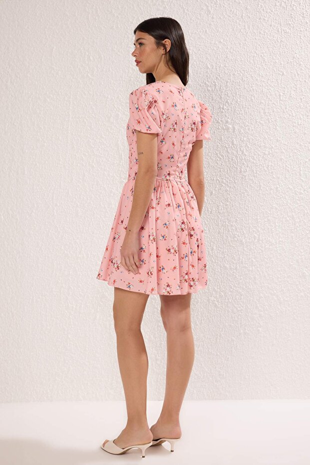 Pembe Çiçekli Mini Dokuma Elbise TWOSS25EL00789 - 4
