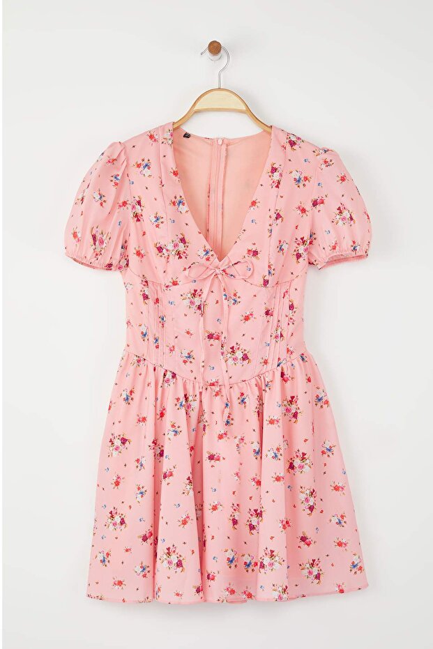 Pembe Çiçekli Mini Dokuma Elbise TWOSS25EL00789 - 5