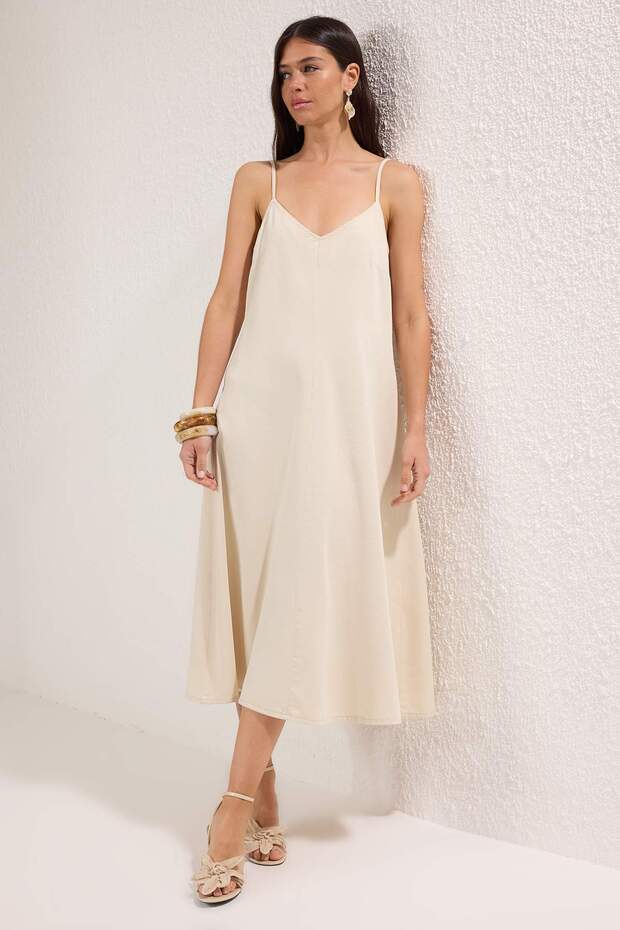 Bej Düz Midi Denim Elbise TWOSS25EL00859 - 2