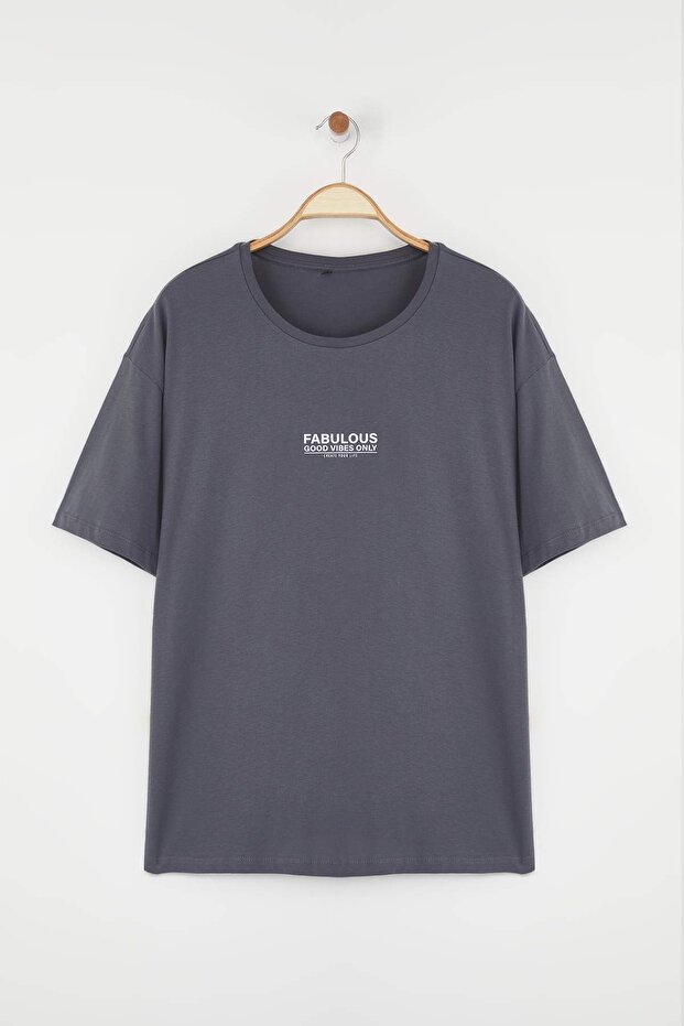 Antrasit Oversize Fit %100 Pamuk Ön ve Arka Baskılı Örme Büyük Beden T-Shirt TBBSS25BF00002 - 5
