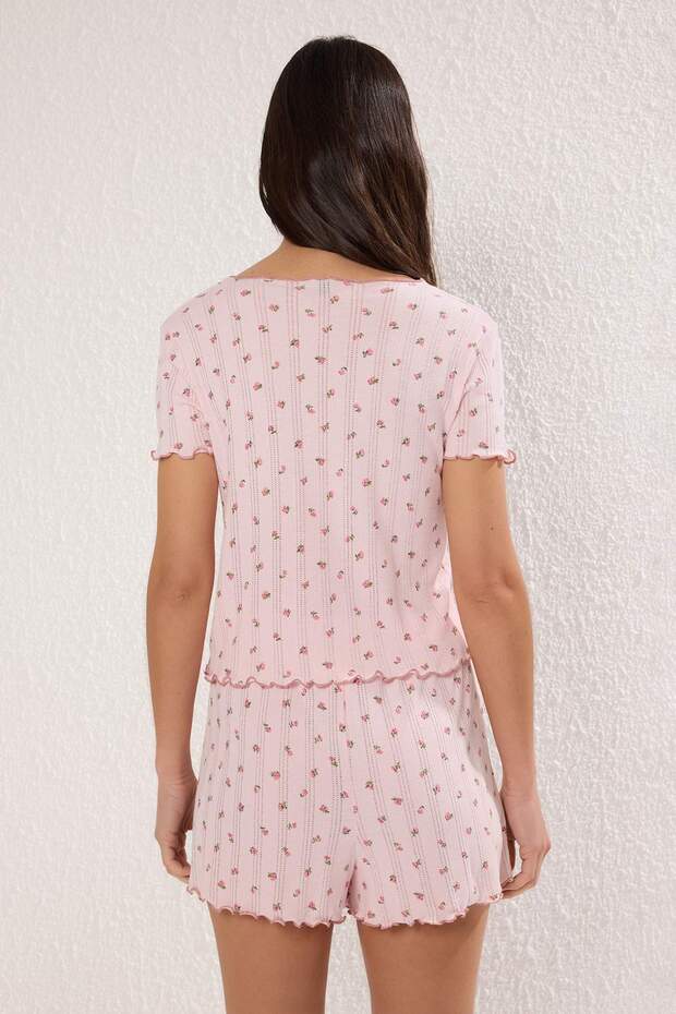 Pembe %100 Pamuklu Çiçekli Kurdele/Fiyonklu Fitilli Şortlu Örme Pijama Takımı THMSS25PT00434 - 4