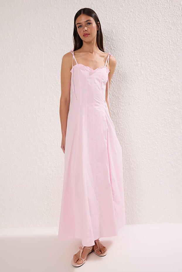 Pembe Belden Açılan Dokuma Maxi Elbise TWOSS25EL00870 - 2