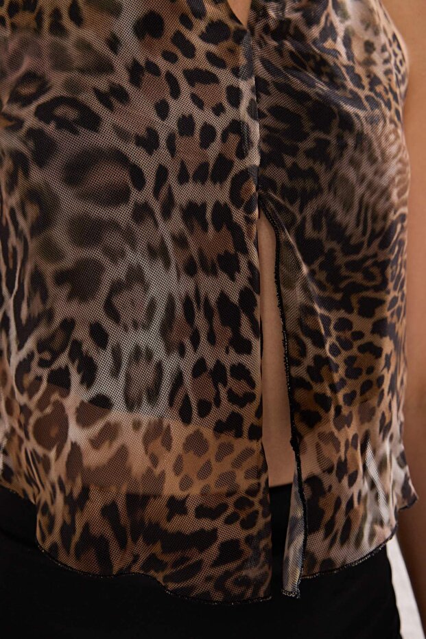 Leopar Bağlamalı Örme Tül Party Bluz TPRSS25BZ00053 - 4