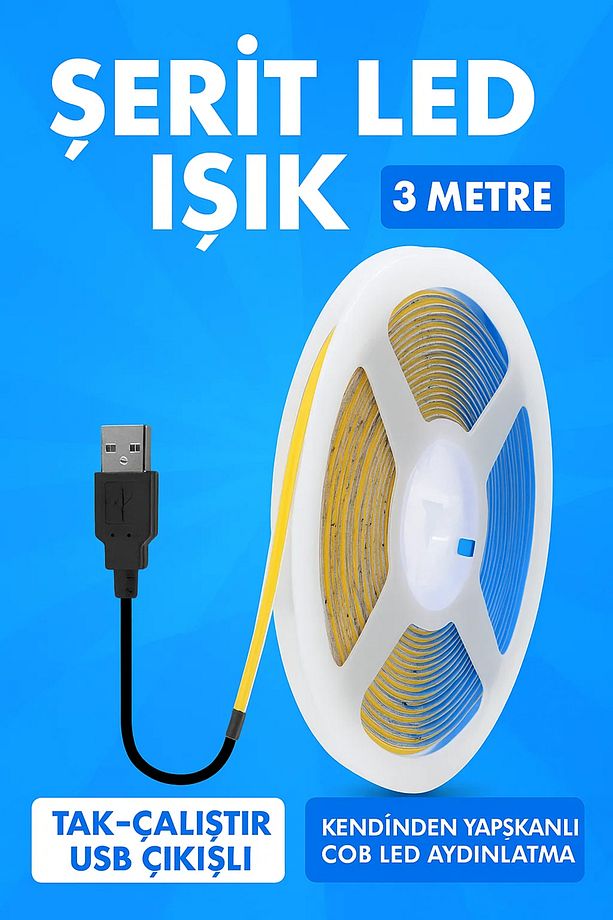 Şerit Led Işık 3 Metre - Tak-çalıştır Usb Çıkışlı, Kendinden Yapışkanlı Cob Led Aydınlatma - 1