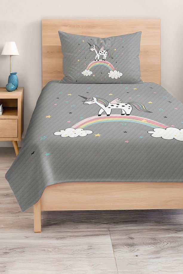 Unicorn Desenli Tek Kişilik Çocuk ve Genç Odası Pike Takımı Yatak Örtüsü - 2