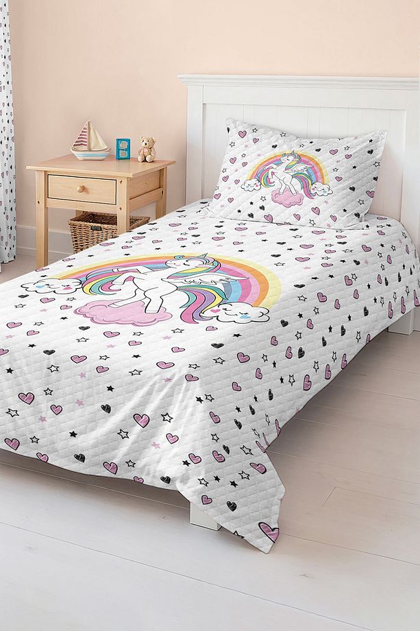 Unicorn ve Yıldız Desenli Tek Kişilik Çocuk ve Genç Odası Pike Takımı Yatak Örtüsü - 5