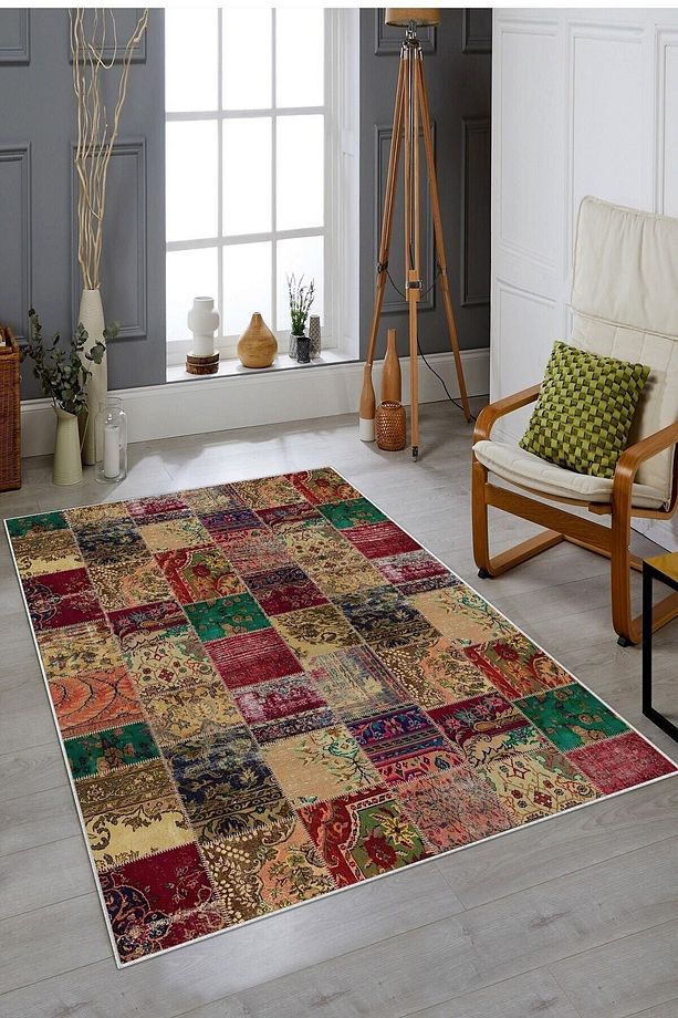 Patchwork Çiçek Desenli Yıkanabilir Kaymaz Taban Leke Tutmaz Modern Salon Halısı Ve Yolluk - 1