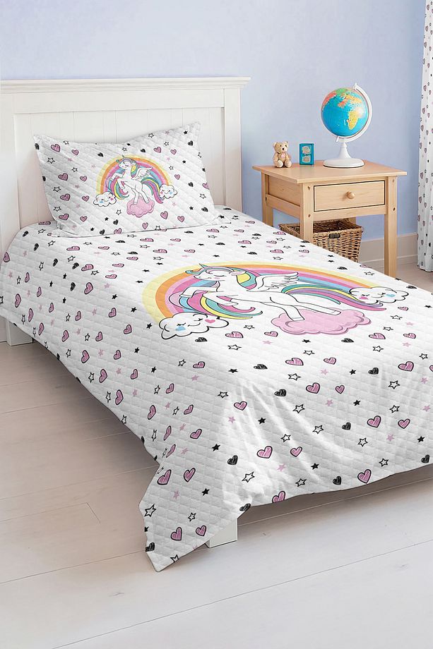 Unicorn ve Yıldız Desenli Tek Kişilik Çocuk ve Genç Odası Pike Takımı Yatak Örtüsü - 3