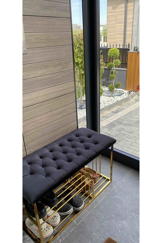 Kapitoneli Puf Bench Kapı Önü Metal Ayakkabılık Gri - 1