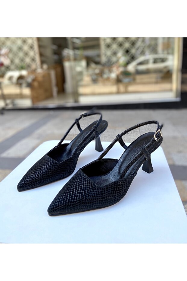 Black Patterned 6 cm Heel Comfortable Molded Shoes 01493