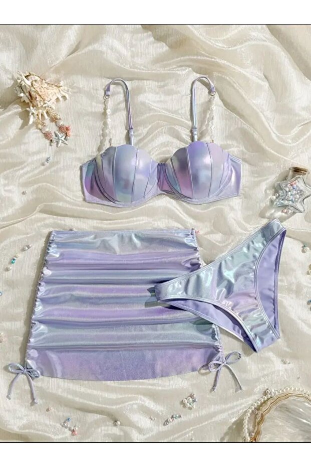 Sea Shell Bikini Set 3-Piece | Hologram | Skirted Bikini & Pearl Strap | High Waist Top Wide Cut Swimsuit Set