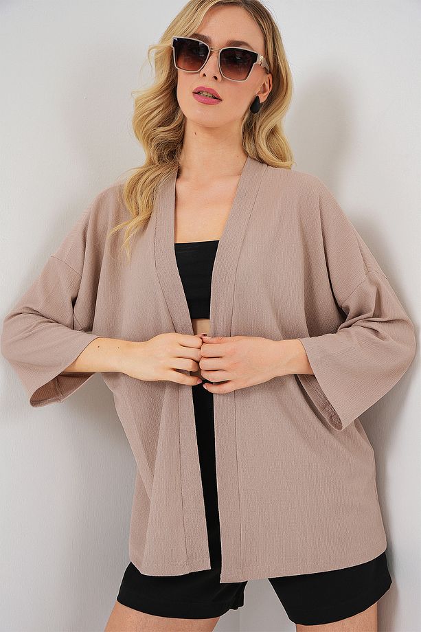 5862 Örme Kimono - Bej - 1