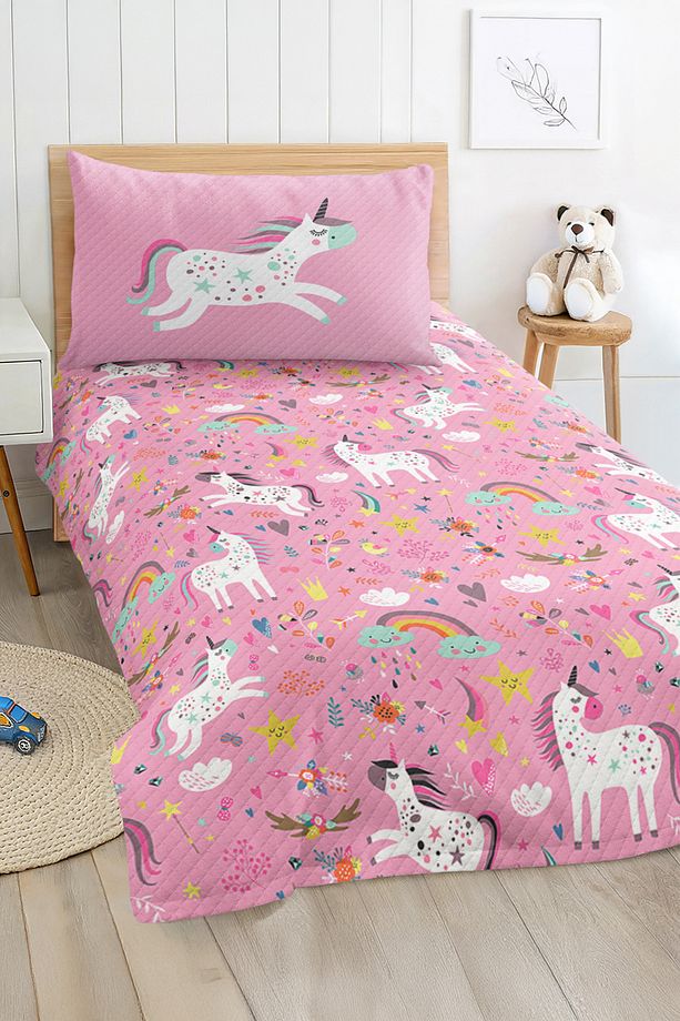 Unicorn Desenli Çocuk ve Genç Odası İçin Tek Kişilik Pike Takımı Yatak Örtüsü - 1
