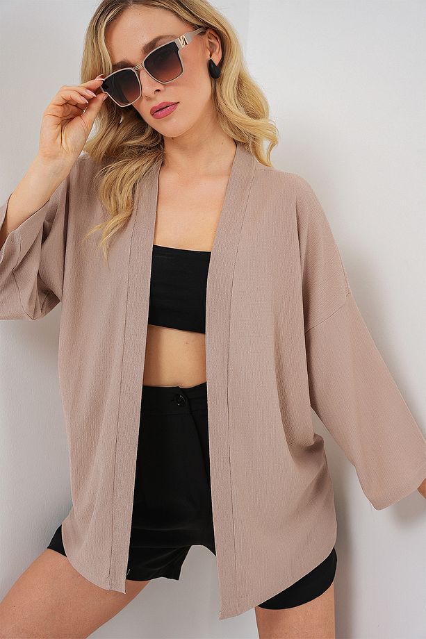 5862 Örme Kimono - Bej - 3