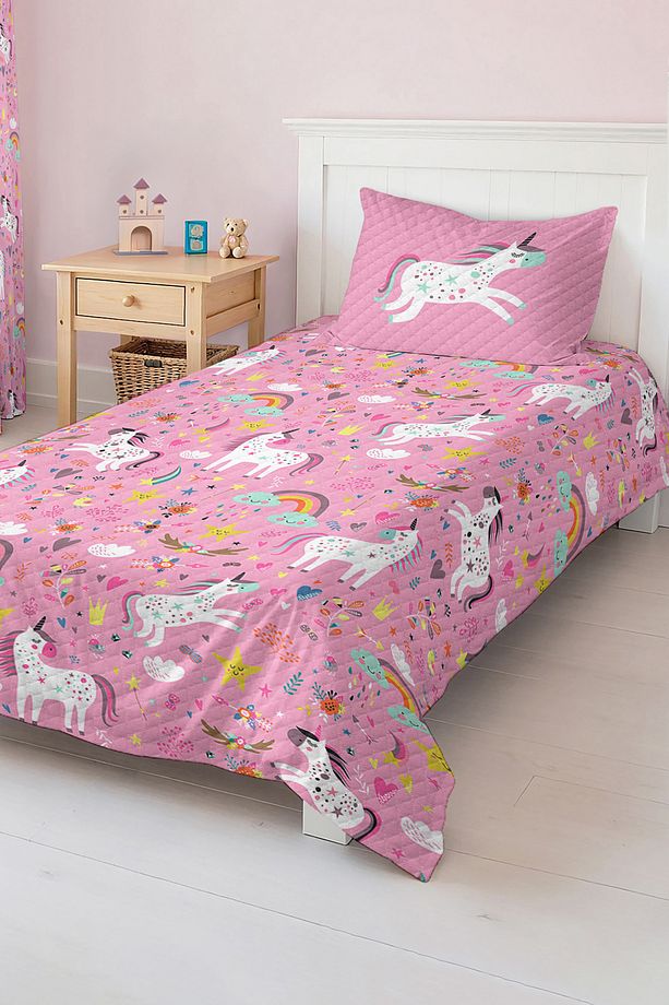Unicorn Desenli Çocuk ve Genç Odası İçin Tek Kişilik Pike Takımı Yatak Örtüsü - 3