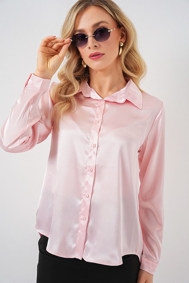 3964 Hafif Dökümlü Saten Gömlek - Pembe - 3