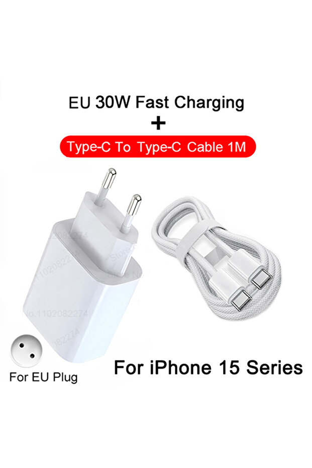 EU 2IN1 (15 Series) PD 30W Fast Charger For iPhone 14 11 12 13 15 16 Pro Max Fast Charging Cable Fo