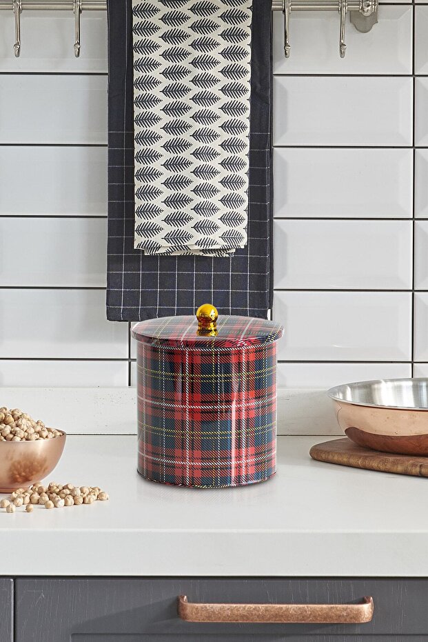 Ef147-ı3 Plaid(EKOSE) Patterned Round Metal Storage Container 17.5 Cm