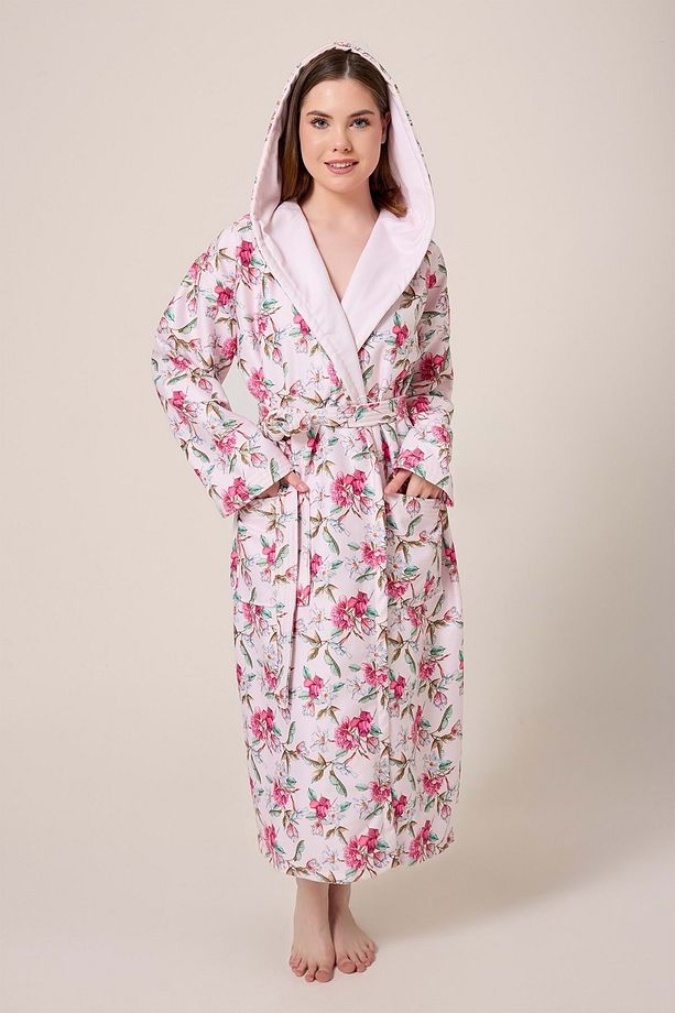 Peonia Fiore Desenli Dijital Baskılı Kapüşonlu Bornoz - 1