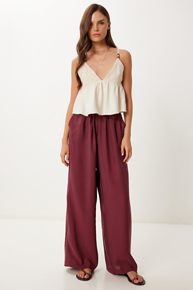 Wide Leg Comfortable Modal Trousers Claret Red Lmx0090