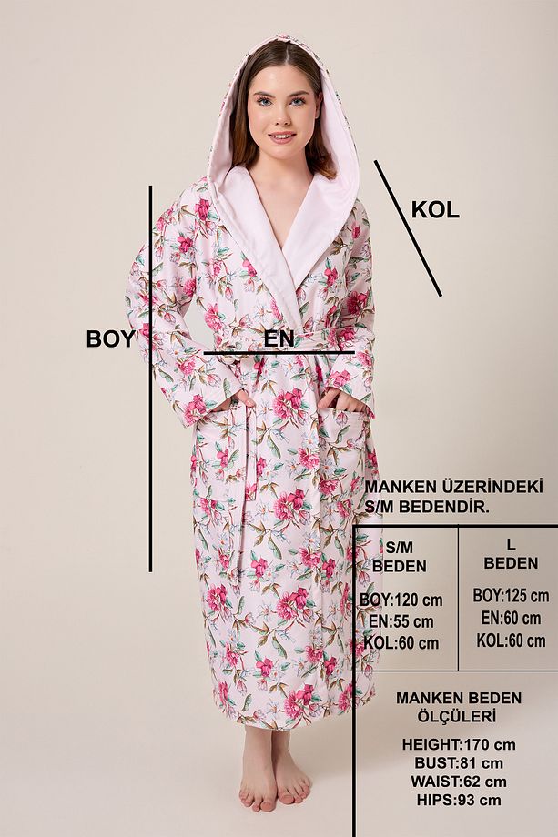 Peonia Fiore Desenli Dijital Baskılı Kapüşonlu Bornoz - 6