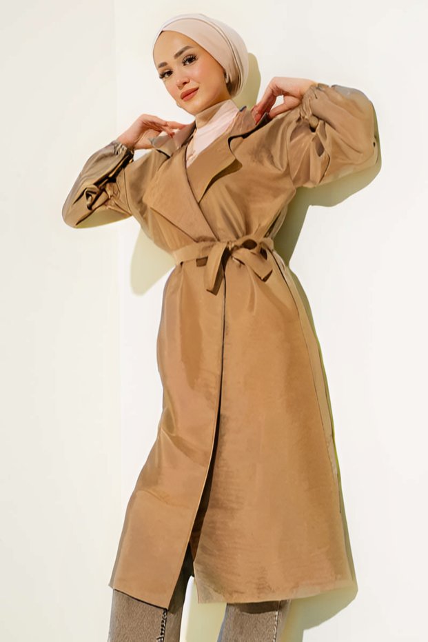 Women's Waist Tie Balloon Sleeve Trench Coat