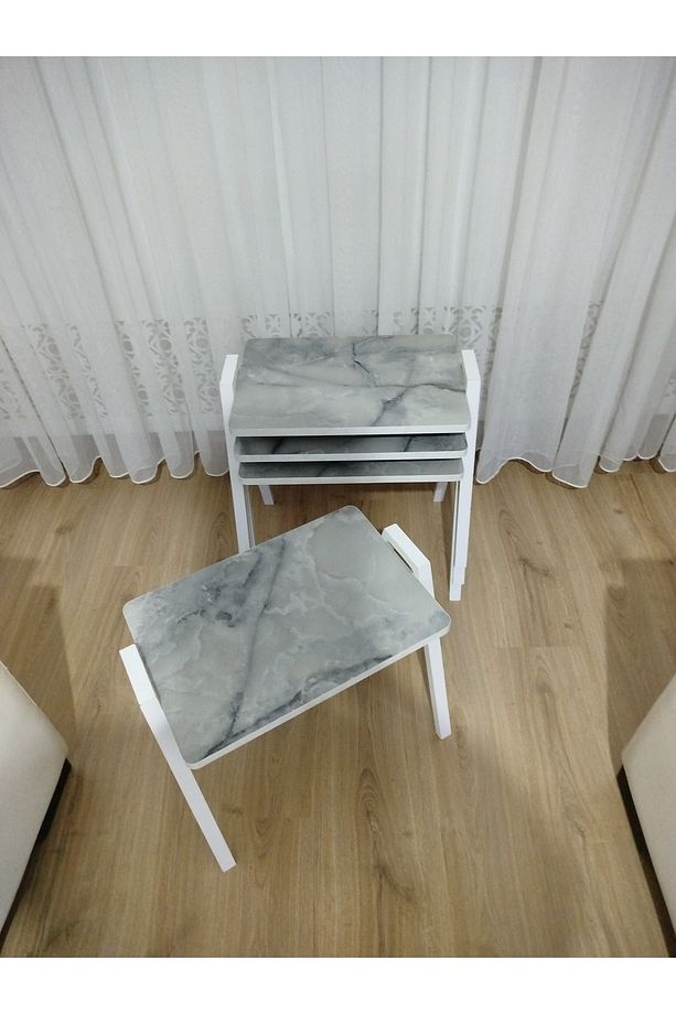 Zigon Sehpa 4'Lü Mermer Desenli Tepsi Model - 5