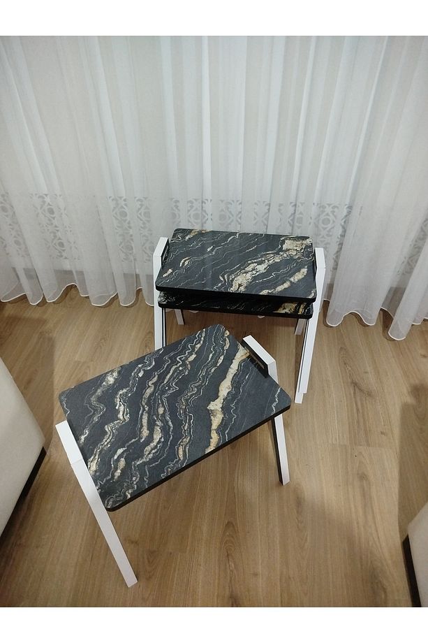 Zigon Sehpa 3'Lü Mermer Desenli Tepsi Model - 6