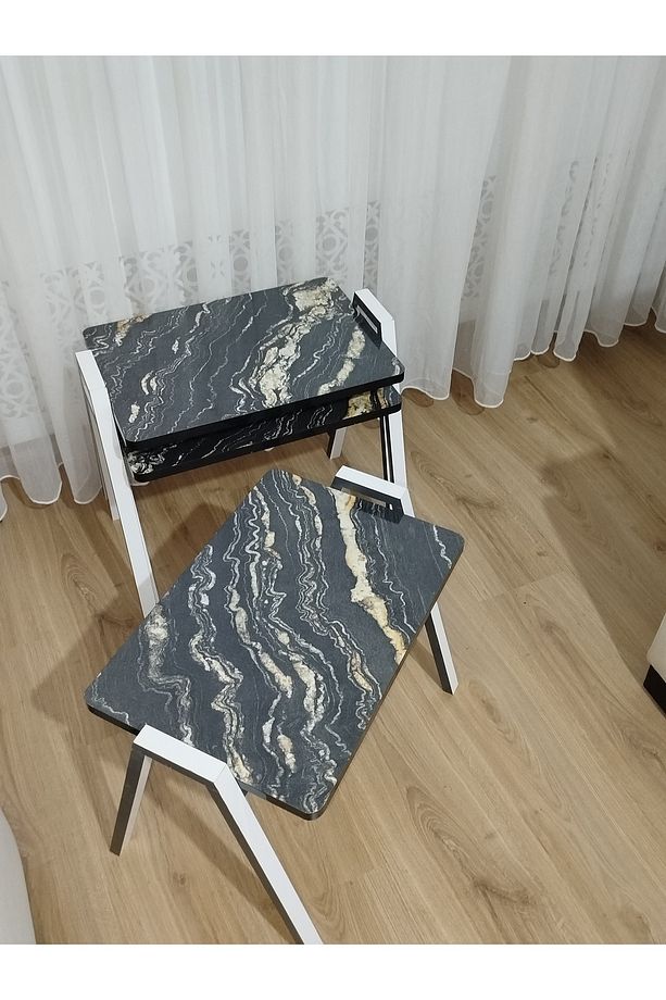 Zigon Sehpa 3'Lü Mermer Desenli Tepsi Model - 4