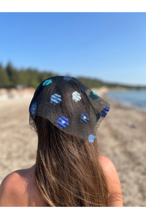 Silk Thin Chiffon Bandana Black and Blue Flower Hair Band Evening Dress Combination Scarf
