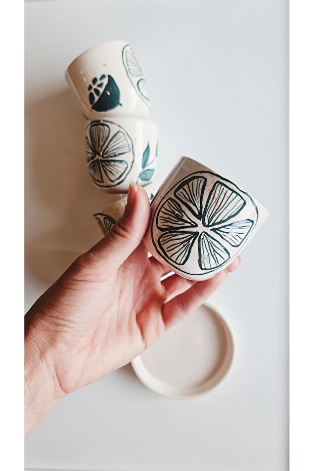 Handmade Lemon Patterned Turkish Coffee Cup Set 1Pc - 1