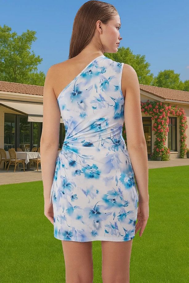 Çiçek Desenli Tek Omuz Mini Elbise Örme Kumaş Yaz Mezuniyet Elbisesi Şık Görünüm Modern Stil - 3
