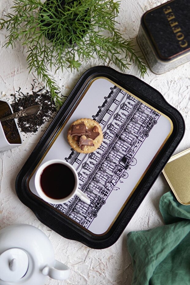 City Patterned Metal Tray - Tea Coffee Tray - Presentation Tray 21 Cm X 31 Cm Ee162-t9