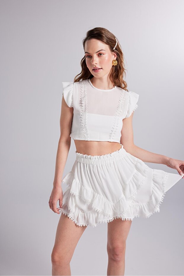 Brode Detaylı Crop Pixie Bluz Beyaz - 1