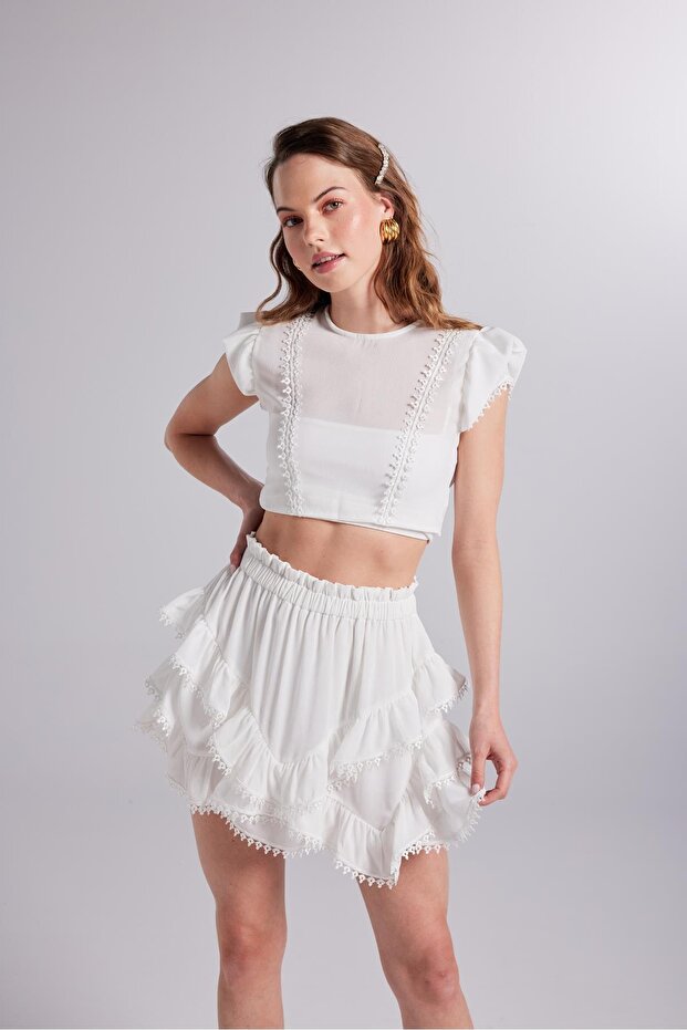 Brode Detaylı Crop Pixie Bluz Beyaz - 3