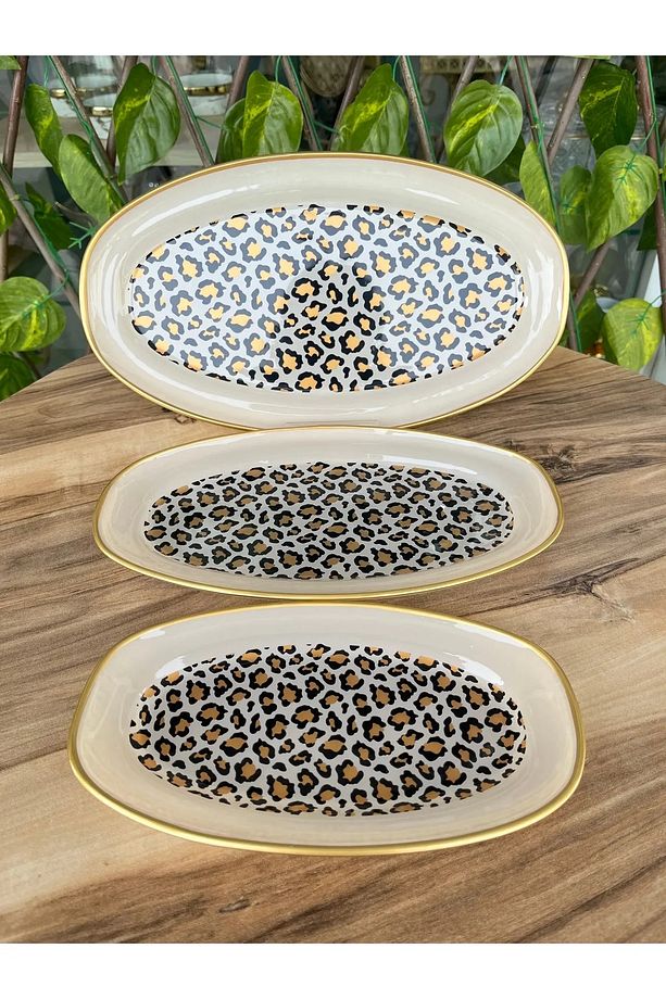 Sunumluk Leopar Desenli Kayık Tabak 3'lü Takım - 3