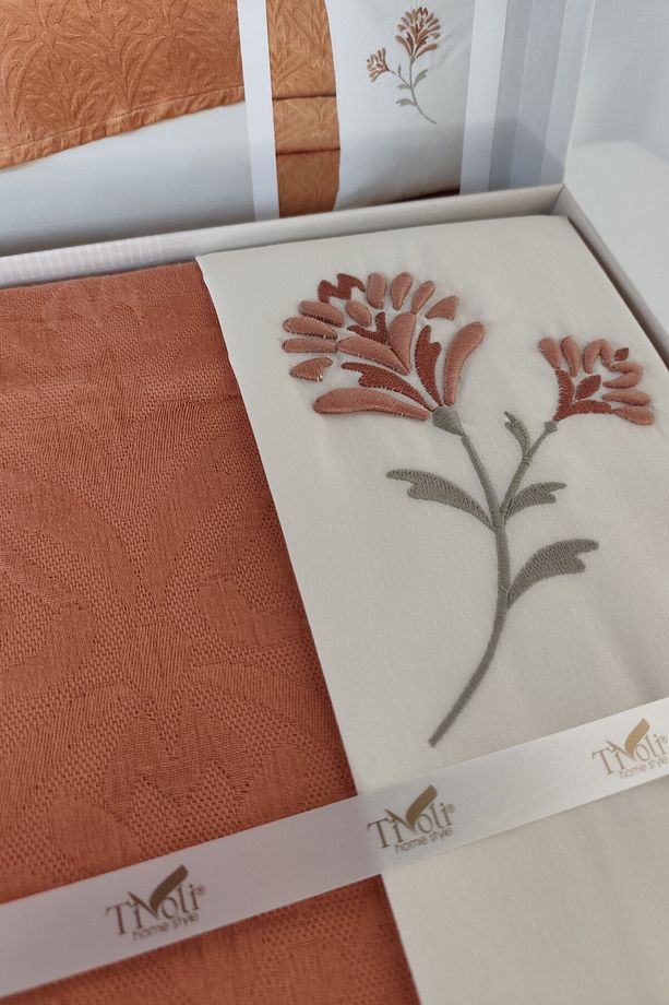 Tivoli Çift Kişilik Jakarlı Pike Takımı-4 Parça Yatak Örtüsü-220x240 cm-Kayısı - 5