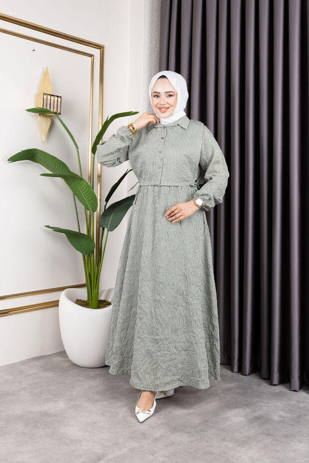 Women's Mint Hijab Clothing Shirt Detailed Striped Viscose Crashed Dress Double Suit