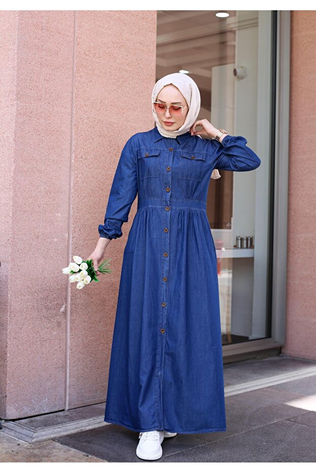 Buttoned Long Denim Hijab Dress Dark Blue