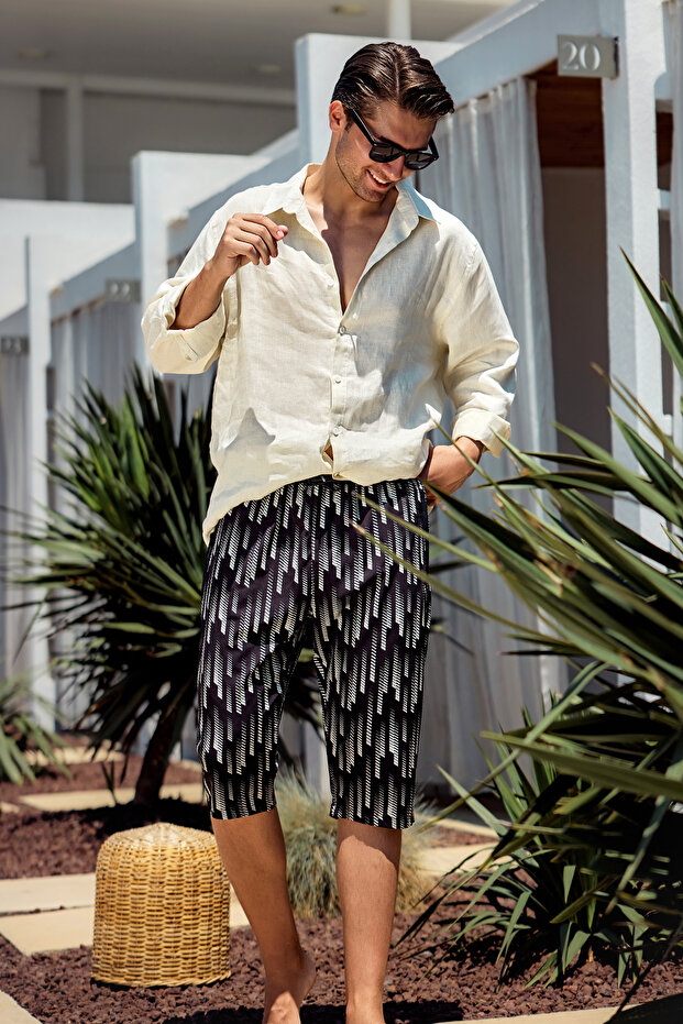 Men's Pool Sea Long Capri Shorts Swimwear Rk004 Black